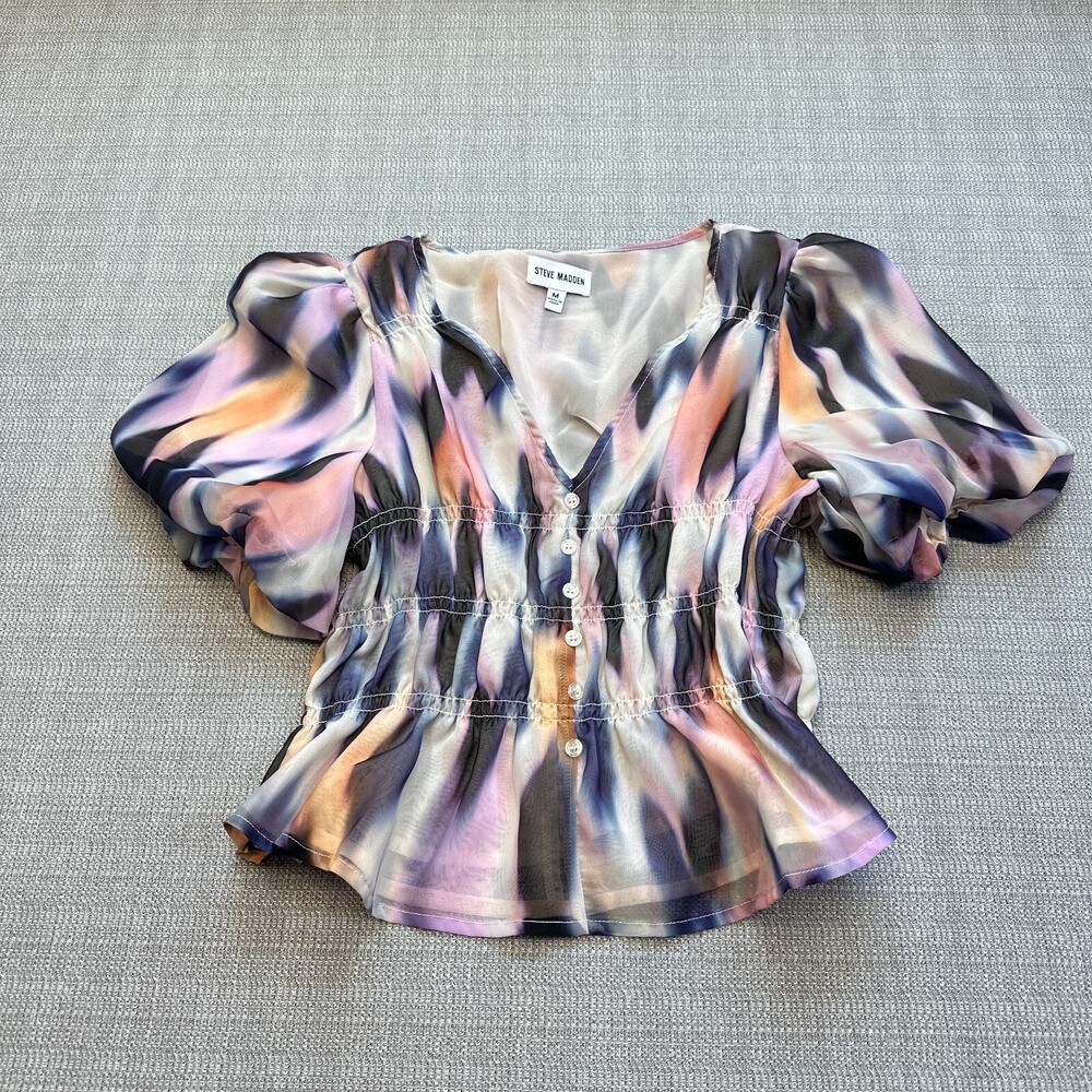 Steve Madden Peplum Top Medium Watercolor‎ Puff Sleeve Fairy Whimsy Romantic